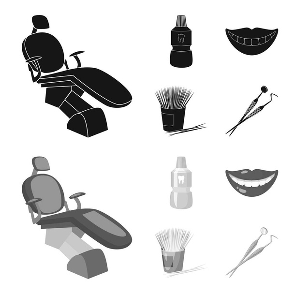 Dental sterile liquid in the jar, lips, teeth, toothpicks in the jar, medical instruments for the dentist. Dental care set collection icons in black,monochrom style vector symbol stock illustration - Vector, imagen