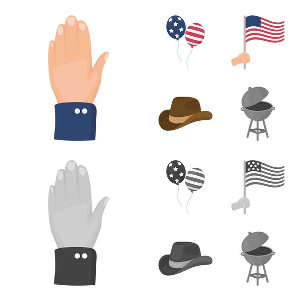 Balloons, national flag, cowboy hat, palm hand.Patriot day set collection icons in cartoon,monochrome style vector symbol stock illustration web. - Vector, Imagen