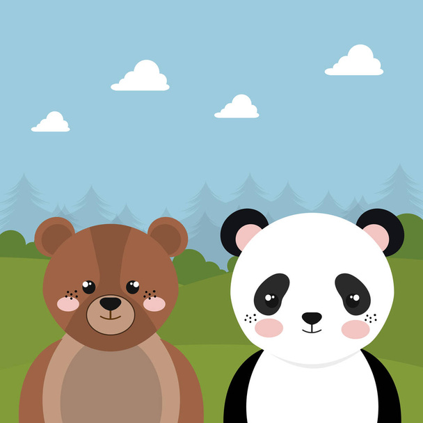 urso bonito e panda no campo personagem paisagem
 - Vetor, Imagem