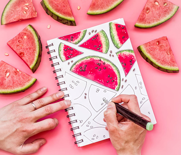 desenho de um esboço brilhante melancia com marcadores sobre fundo rosa
 - Foto, Imagem