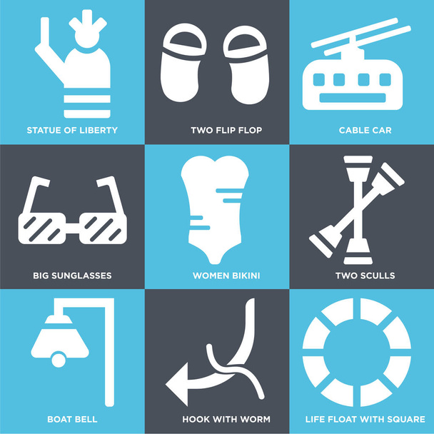 Sada 9 jednoduchých upravitelné ikony jako život Float s náměstím, háku červem, lodní zvon - Vektor, obrázek