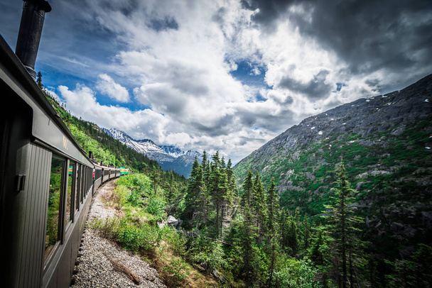 De White Pass & Yukon Route op trein passeert uitgestrekte lan - Foto, afbeelding