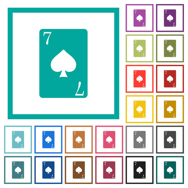 Zeven van schoppen kaart egale kleur pictogrammen met Kwadrant frames - Vector, afbeelding