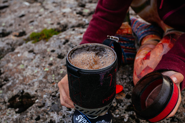 Fresh coffee on gas-burner  on the nature  in Iceland - Photo, Image
