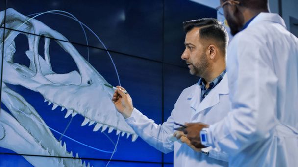 Paléontologues explorant modèle de dinosaure imprimé en 3D
 - Photo, image