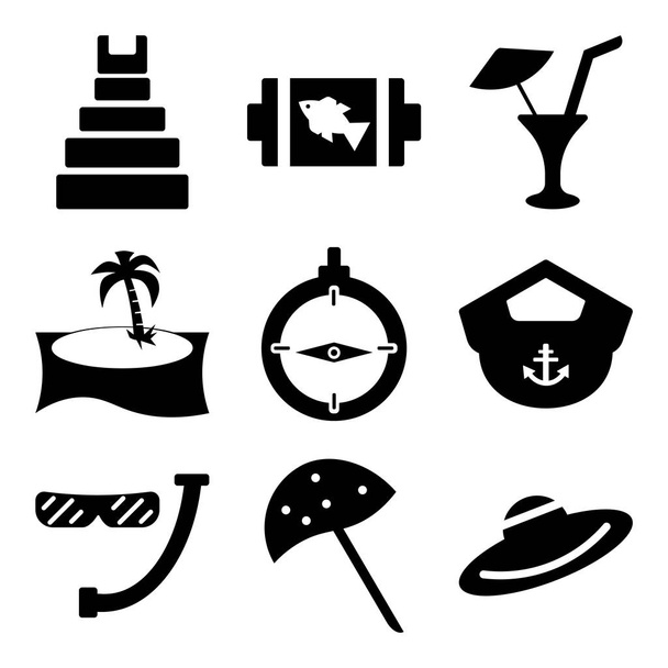 Állítsa be a 9 egyszerű szerkeszthető ikonok, mint a szalma kalap, nyílt nap-esernyő, búvár légzőcső és szemüveg - Vektor, kép