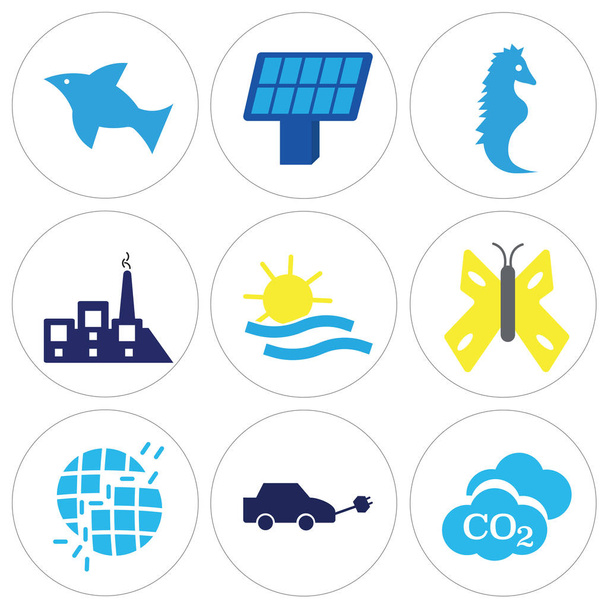 Set von 9 einfach editierbaren Symbolen wie CO2-Wolke, Elektroauto, kaputte Erde - Vektor, Bild