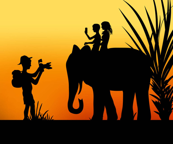 Tourist taking photos of two children on an elephant vector illustration - Vector, Image
