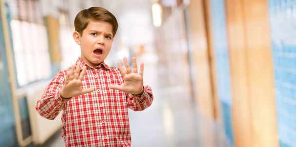 Όμορφος νήπιο παιδί με πράσινα μάτια, αηδιασμένος και θυμωμένος, κρατώντας τα χέρια σε στάση χειρονομία, ως άμυνα, φωνάζοντας στο διάδρομο του σχολείου - Φωτογραφία, εικόνα