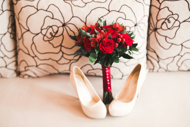 White stylish wedding shoes for bride. Close-up - Photo, Image