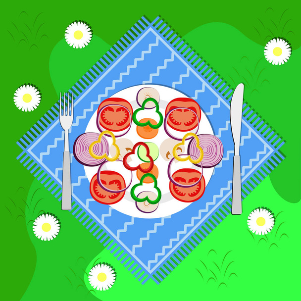 Verduras fiesta de picnic de verano al aire libre. Hortalizas en rodajas
 - Vector, Imagen