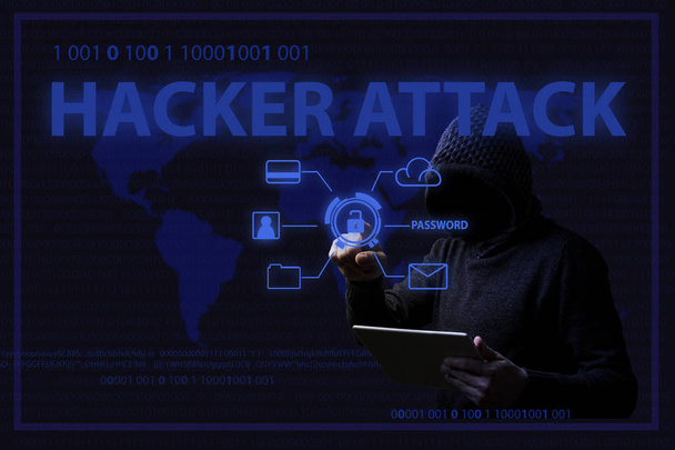 Conceito de ataques de hackers e roubo de dados com um homem sem rosto em
  - Foto, Imagem
