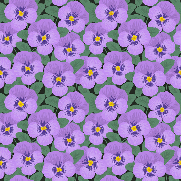 Безшовний візерунок з фіолетовими братками і зеленим листям. Літній фон. Векторні ілюстрації
 - Вектор, зображення