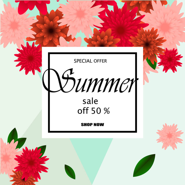 Spring sale banner with paper flowers on a yellow background. Vector illustration. - Vektor, Bild