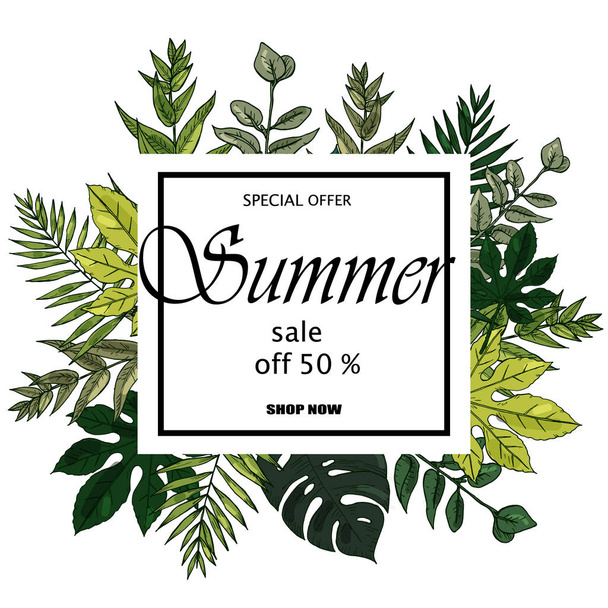 Sale banner, poster with palm leaves, jungle leaf and handwriting lettering. Floral tropical summer background. - Vecteur, image
