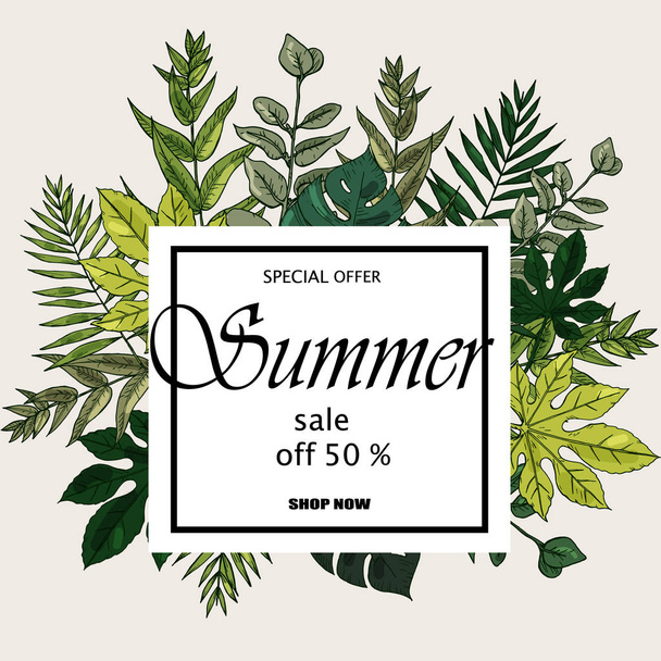 Sale banner, poster with palm leaves, jungle leaf and handwriting lettering. Floral tropical summer background. - Διάνυσμα, εικόνα