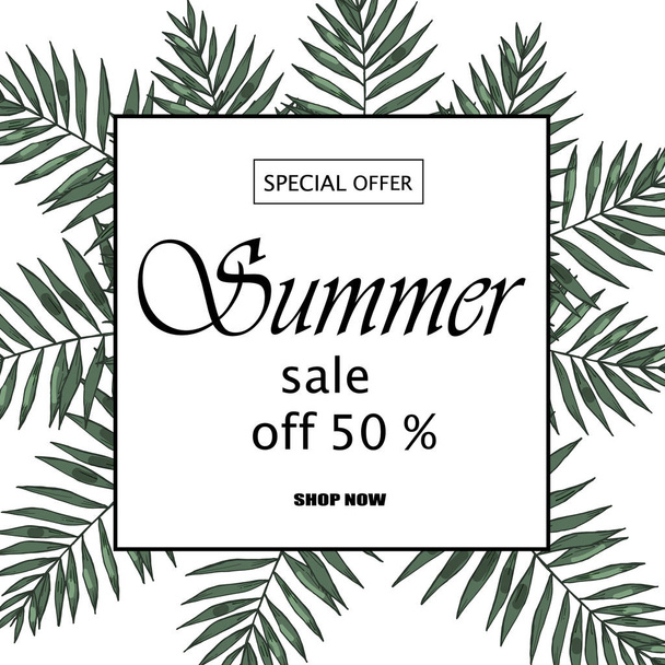 Sale banner, poster with palm leaves, jungle leaf and handwriting lettering. Floral tropical summer background. - Vecteur, image