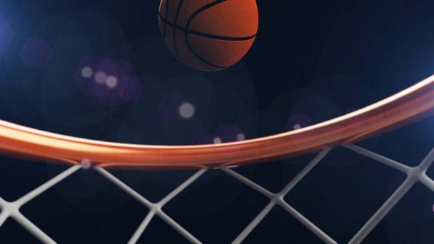 3D απεικόνιση του μπάσκετ μπάλα πέφτει σε ένα hoop - Φωτογραφία, εικόνα