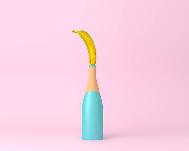 ピンクのパステル調の背景にバナナのシャンパンのボトル。最小限  - 写真・画像