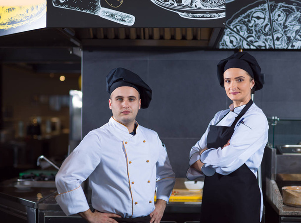 Portrait of two chefs standing together in commercial kitchen at restaurant - Foto, immagini