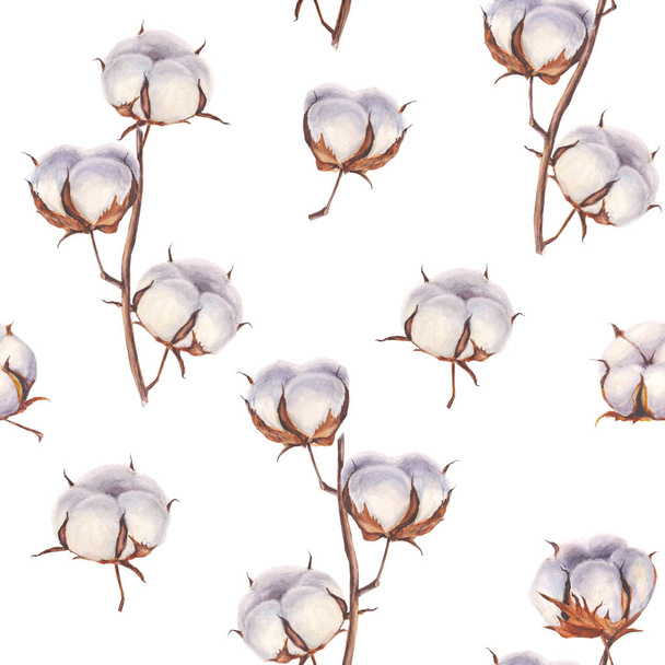 Cotton flower eco buds branches seamless pattern - Fotoğraf, Görsel