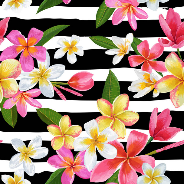 Tropical Flowers and Palm Leaves Seamless Pattern - Vettoriali, immagini