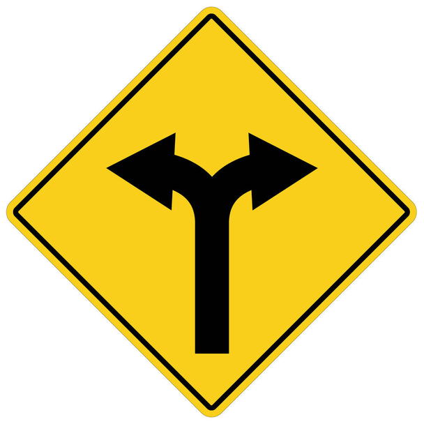 2 つの矢印と黄色の看板。フォーク道路黄色の警告記号です。tw - ベクター画像