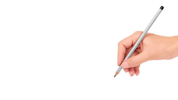 Lápiz gris en la mano para dibujar aislado sobre fondo blanco. copiar espacio, plantilla
 - Foto, Imagen