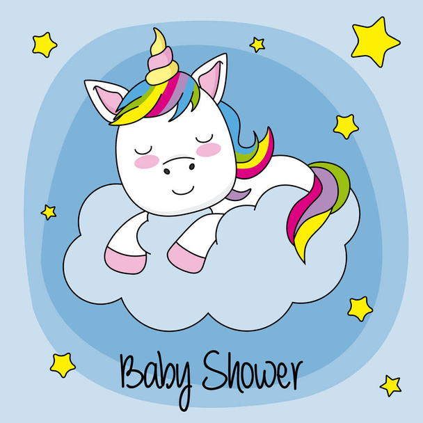Baby shower card. unicorn sleeping on a cloud - Vektori, kuva
