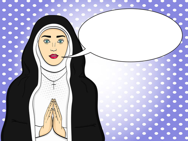 pop-art votaress, Isten húga imádkozik. Fekete-fehér ruhát. Téma a hit, nő vector szöveg buborék - Vektor, kép