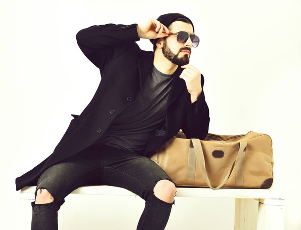 Bearded man, caucasian hipster with moustache near stylish bag - Zdjęcie, obraz