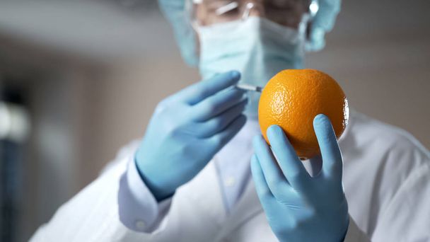 Doctor injecting serum into orange, showing procedure of liposuction to clients - Foto, Bild