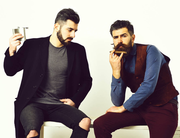 Two bearded mens, caucasian stylish hipsters with moustache - Фото, зображення