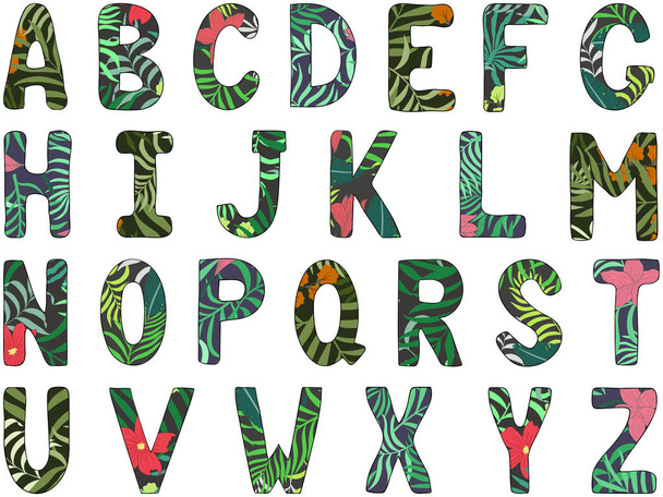 Αγγλική αλφάβητο. Κεφαλαία γράμματα. Χέρι συρμένο τροπικό γραμματοσειράς - Διάνυσμα, εικόνα
