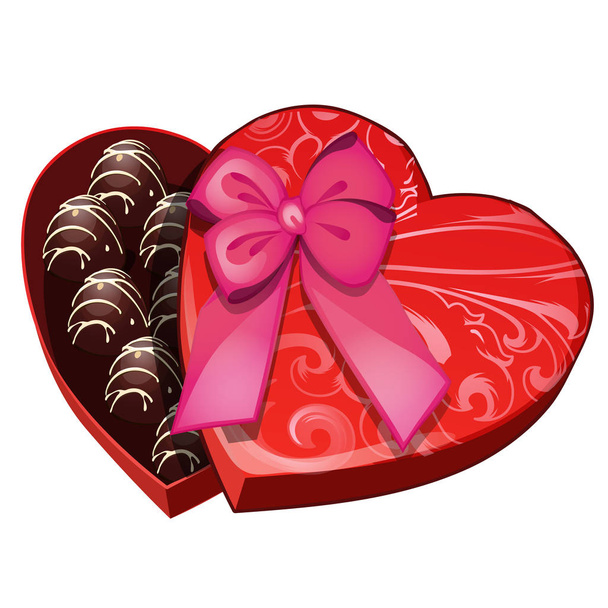 Box of chocolates in shape of heart. Sweet romantic gift for Valentines Day. Image in cartoon style. Vector illustration isolated on white background - Vector, Image