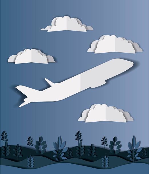 avião voando com nuvens e paisagem
 - Vetor, Imagem
