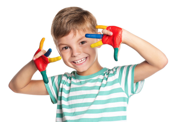 Little boy with paints on hands - 写真・画像