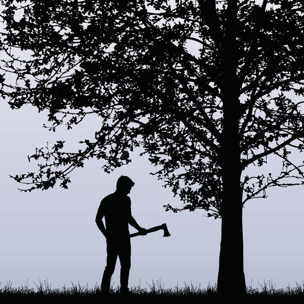 Muž, dřevorubec s ax stojící poblíž listnatý strom v trávě - silueta vektor - Vektor, obrázek