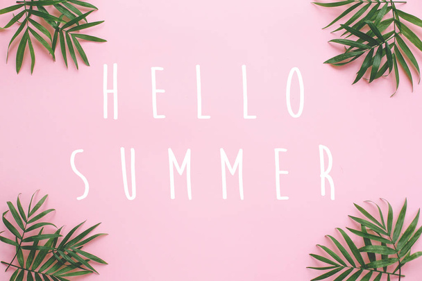 Hello Summer text on fresh palm leaves border on pink background with space for text. stylish summer vacation flat lay. hello holidays - Foto, imagen