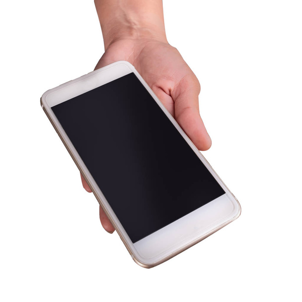 un smartphone puesto a mano aislado sobre fondo blanco
 - Foto, Imagen