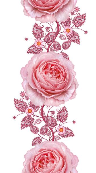 Seamless pattern. Decorative decoration, paisley element, delicate textured leaves made of fine lace and pearls. Jeweled shiny curls, bud pastel pink rose. Openwork weaving delicate. - Фото, изображение