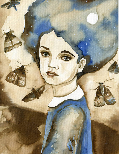Akvarell portré egy gyermek kék és barna. - Fotó, kép