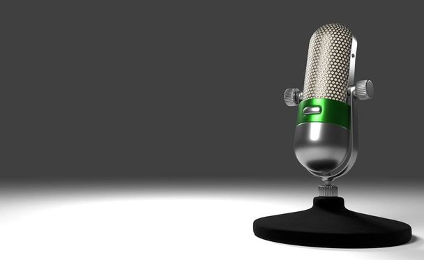 3D obrázek Vintage kovový mikrofon s zelený kruh stojící na bílém stole - Fotografie, Obrázek