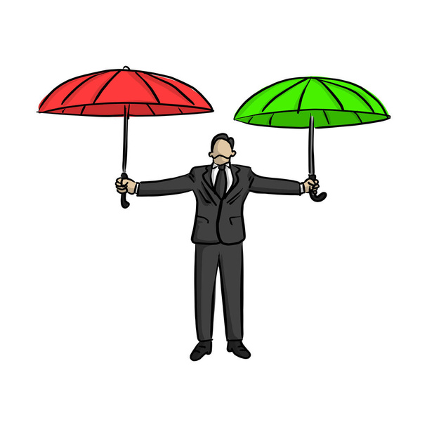 liikemies tilalla punainen ja vihreä sateenvarjo vektori kuvitus luonnos doodle käsi piirretty mustat viivat eristetty valkoisella taustalla
 - Vektori, kuva