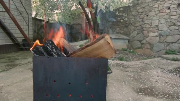 Zeitlupe Feuer im Inneren Metall Kohlenbecken. Holzverbrennung in den Kohlenbecken. - Filmmaterial, Video