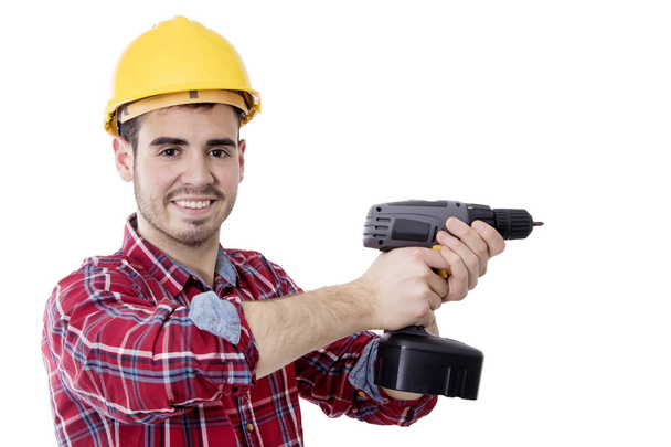 construction worker and bricolage with drill and space for text - Foto, afbeelding