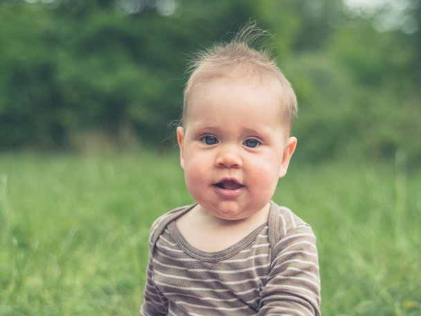 A cute little baby is sitting outside in nature - Photo, image