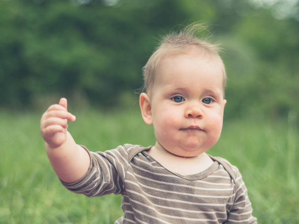 A cute little baby is sitting in nature and is making a gesture with his middle finger - Fotografie, Obrázek