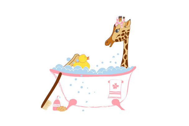 Baby Mädchen Ankunft Ankündigungskarte mit niedlichen kleinen Giraffe in Bad Vektor Illustration isoliert auf weißem Hintergrund. - Vektor, Bild