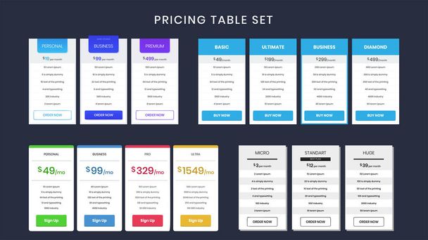 Set of colorful pricing table - Διάνυσμα, εικόνα